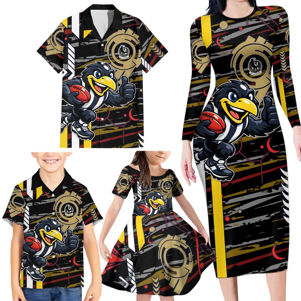 Collingwood Football Club Family Matching Long Sleeve Bodycon Dress and Hawaiian Shirt Mascot Cartoon Football Illustration Style