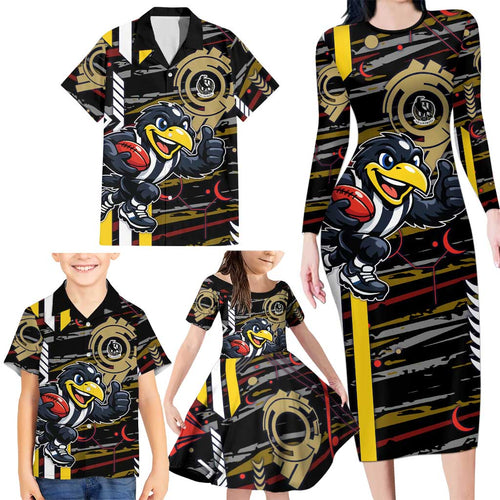 Collingwood Football Club Family Matching Long Sleeve Bodycon Dress and Hawaiian Shirt Mascot Cartoon Football Illustration Style