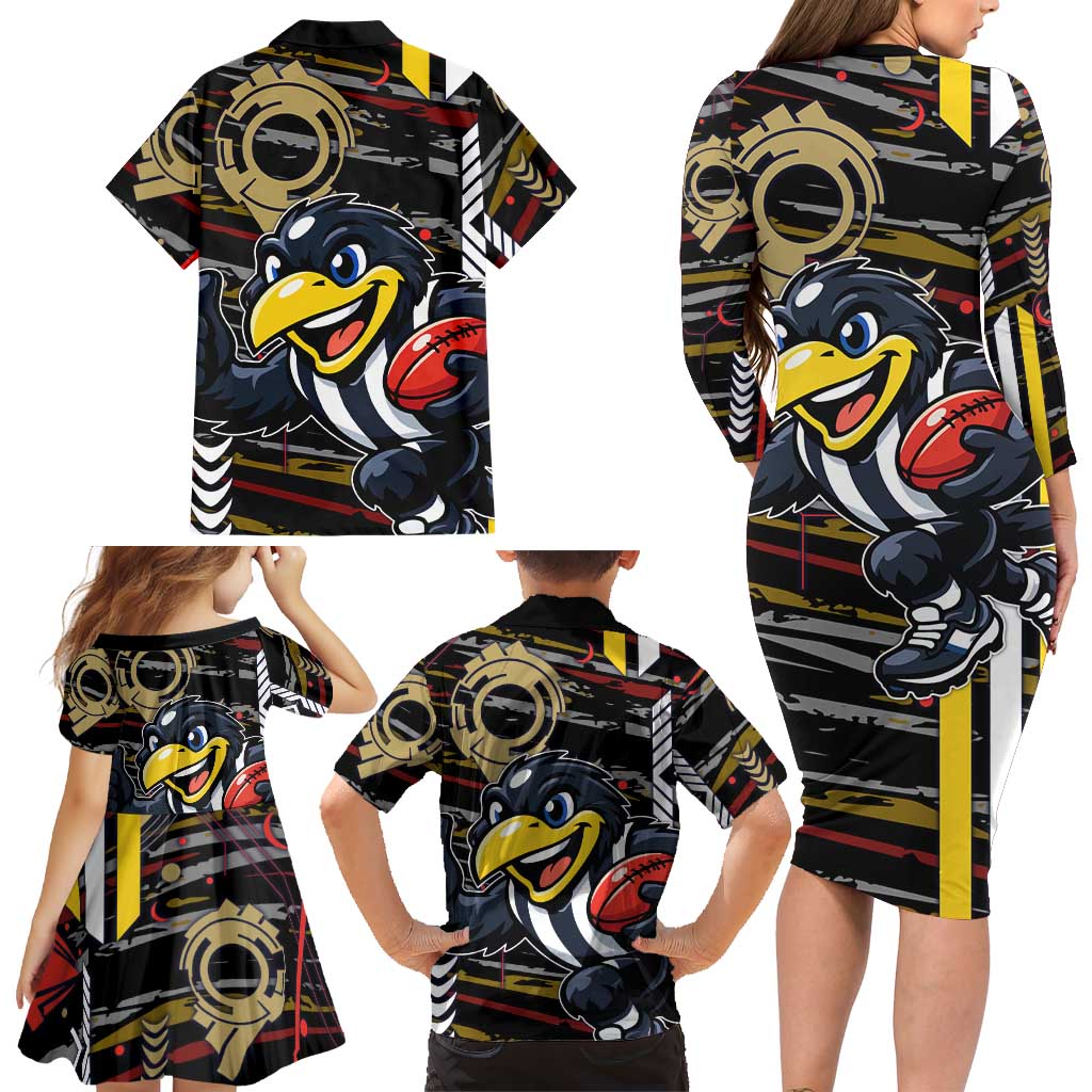 Collingwood Football Club Family Matching Long Sleeve Bodycon Dress and Hawaiian Shirt Mascot Cartoon Football Illustration Style