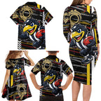 Collingwood Football Club Family Matching Long Sleeve Bodycon Dress and Hawaiian Shirt Mascot Cartoon Football Illustration Style