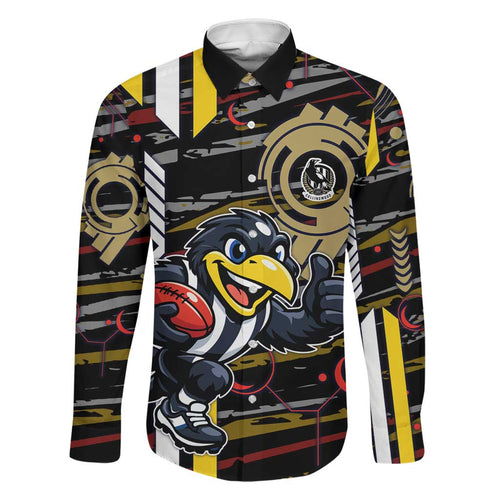 Collingwood Football Club Family Matching Long Sleeve Bodycon Dress and Hawaiian Shirt Mascot Cartoon Football Illustration Style