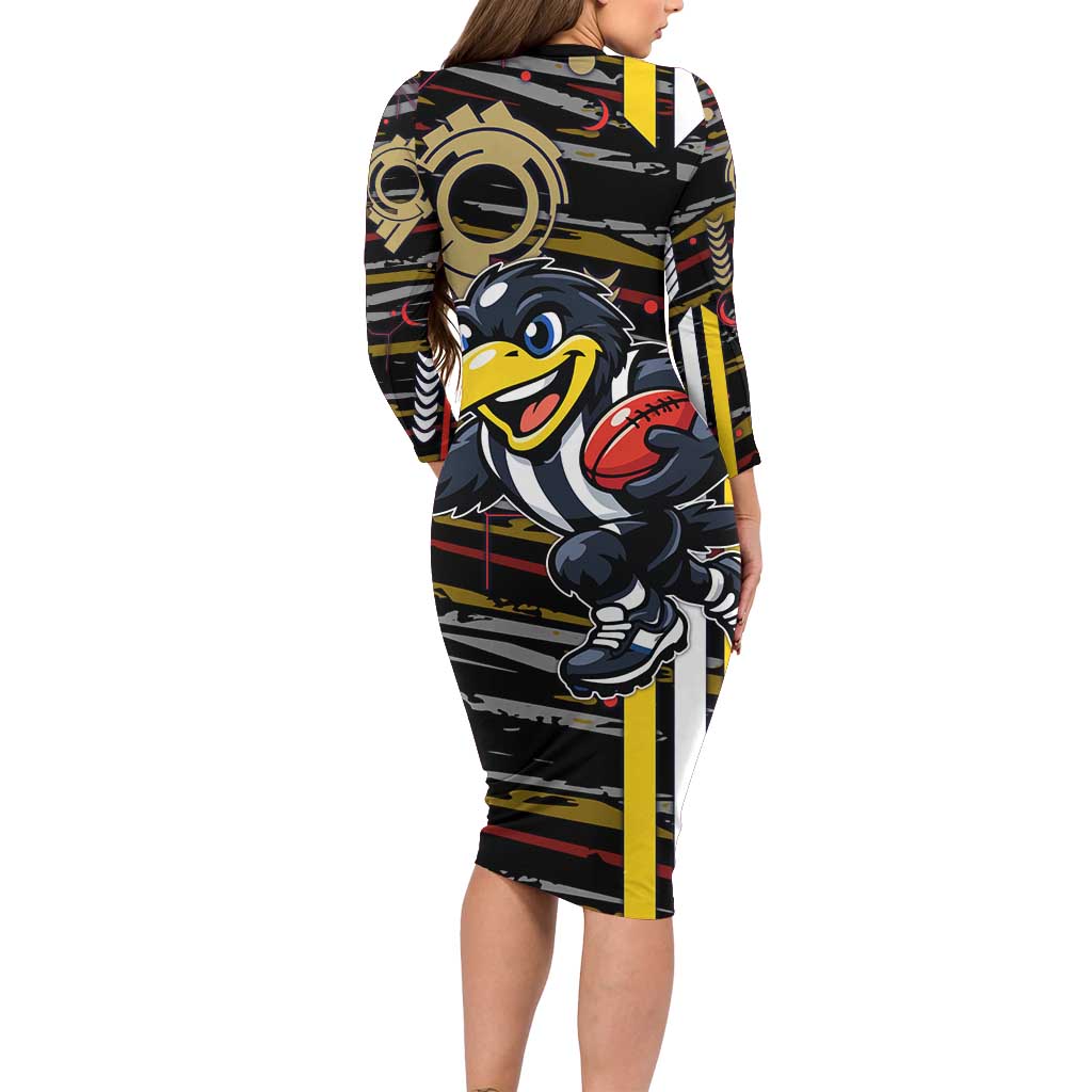 Collingwood Football Club Family Matching Long Sleeve Bodycon Dress and Hawaiian Shirt Mascot Cartoon Football Illustration Style
