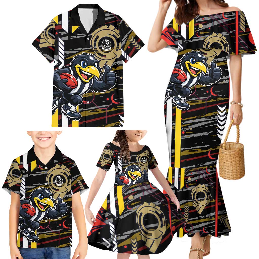 Collingwood Football Club Family Matching Mermaid Dress and Hawaiian Shirt Mascot Cartoon Football Illustration Style