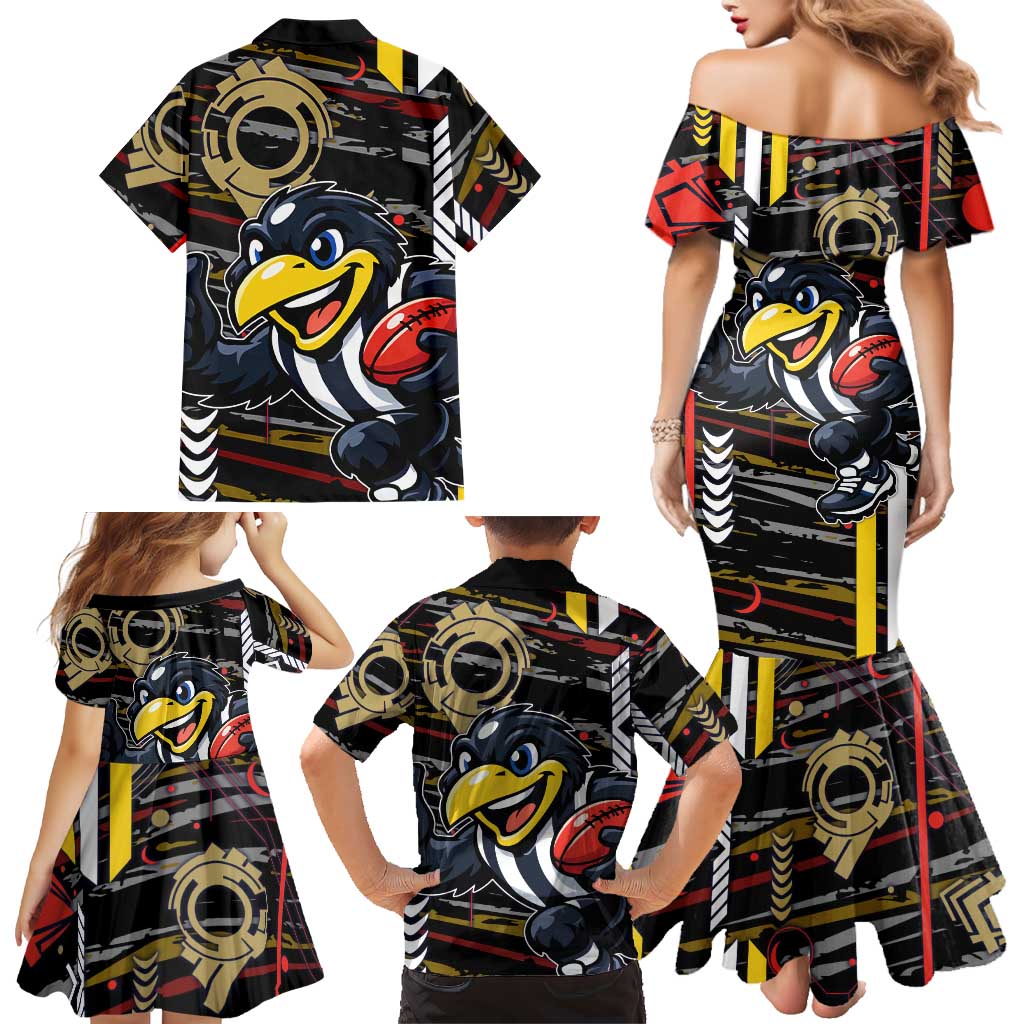 Collingwood Football Club Family Matching Mermaid Dress and Hawaiian Shirt Mascot Cartoon Football Illustration Style