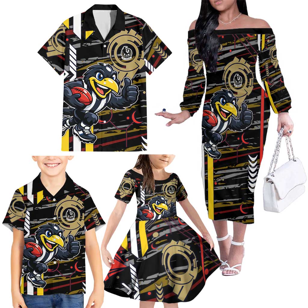 Collingwood Football Club Family Matching Off The Shoulder Long Sleeve Dress and Hawaiian Shirt Mascot Cartoon Football Illustration Style