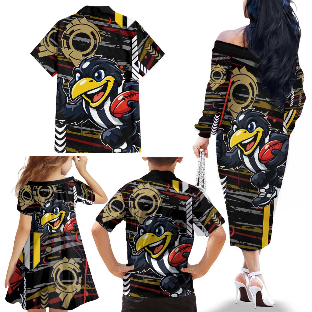 Collingwood Football Club Family Matching Off The Shoulder Long Sleeve Dress and Hawaiian Shirt Mascot Cartoon Football Illustration Style