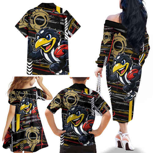 Collingwood Football Club Family Matching Off The Shoulder Long Sleeve Dress and Hawaiian Shirt Mascot Cartoon Football Illustration Style
