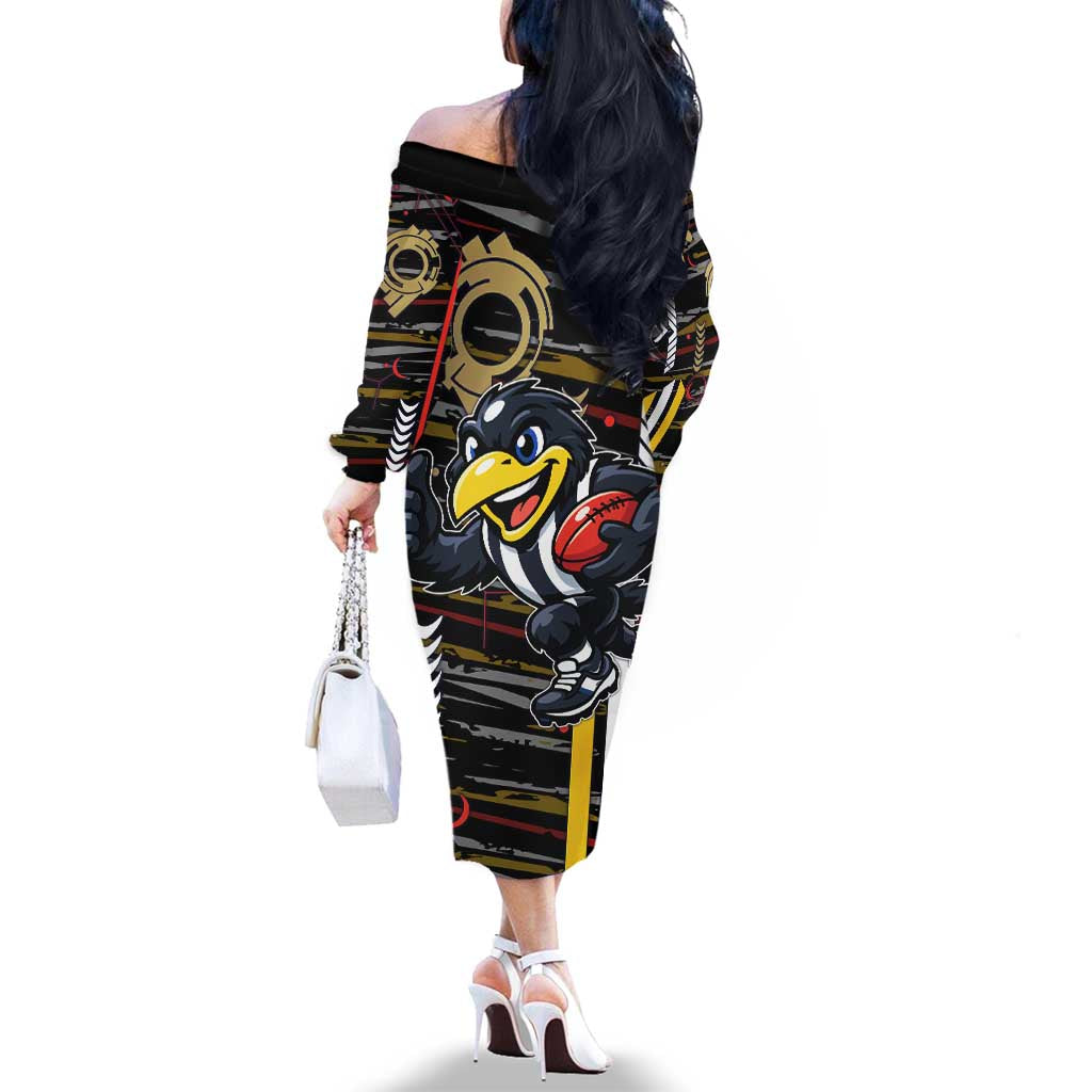 Collingwood Football Club Family Matching Off The Shoulder Long Sleeve Dress and Hawaiian Shirt Mascot Cartoon Football Illustration Style