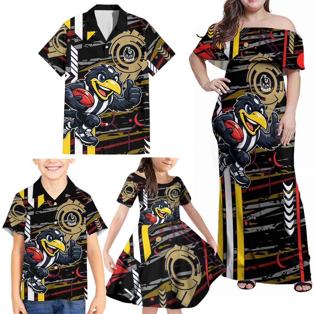 Collingwood Football Club Family Matching Off Shoulder Maxi Dress and Hawaiian Shirt Mascot Cartoon Football Illustration Style