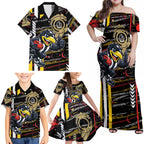 Collingwood Football Club Family Matching Off Shoulder Maxi Dress and Hawaiian Shirt Mascot Cartoon Football Illustration Style