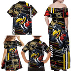 Collingwood Football Club Family Matching Off Shoulder Maxi Dress and Hawaiian Shirt Mascot Cartoon Football Illustration Style