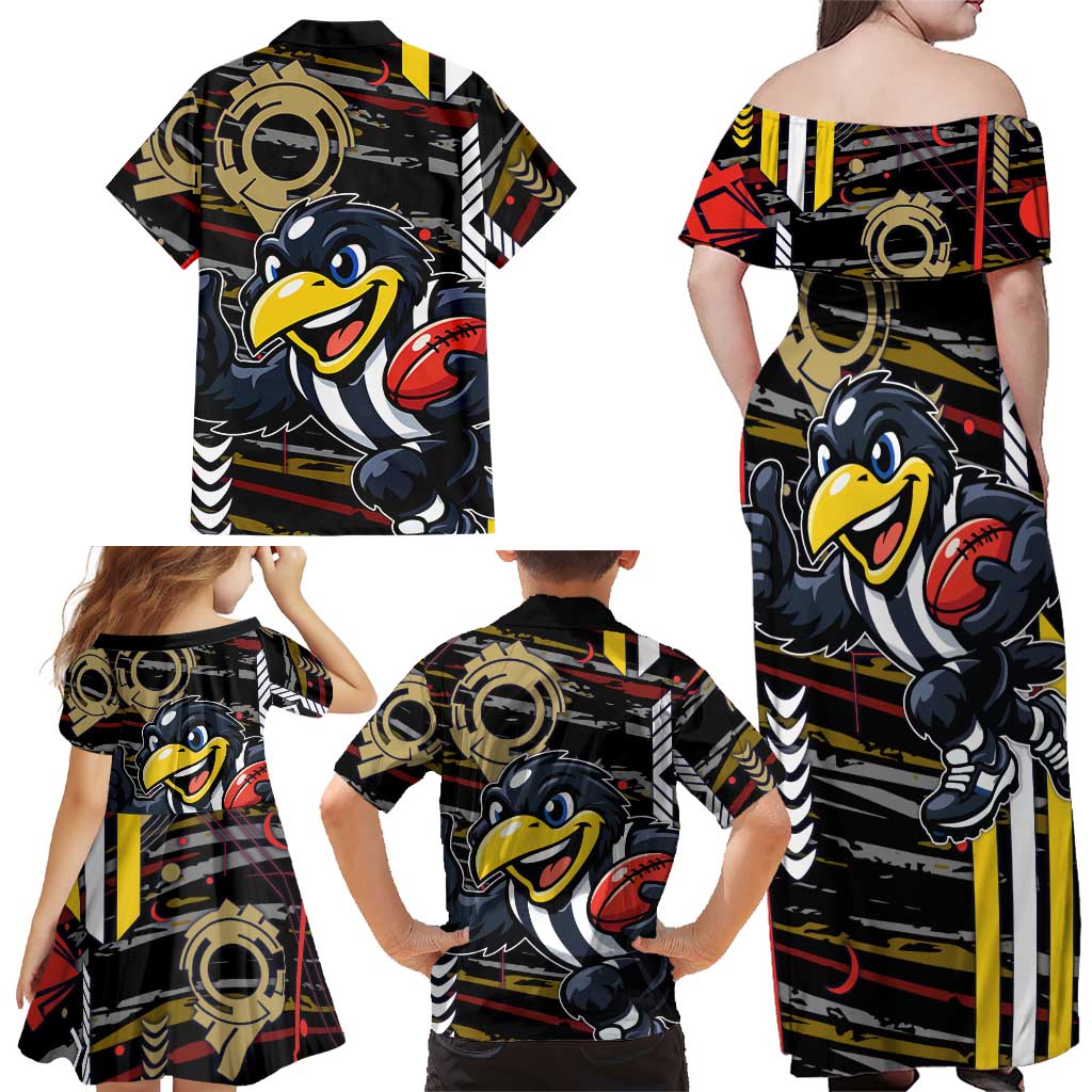 Collingwood Football Club Family Matching Off Shoulder Maxi Dress and Hawaiian Shirt Mascot Cartoon Football Illustration Style