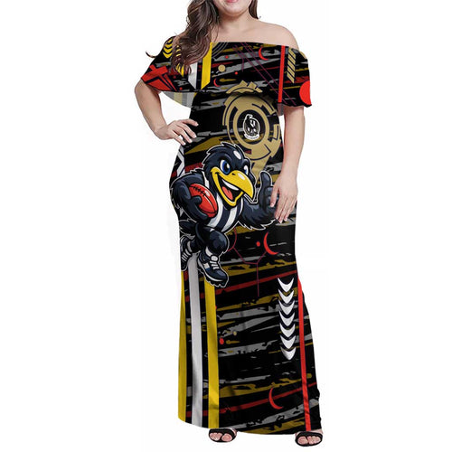 Collingwood Football Club Family Matching Off Shoulder Maxi Dress and Hawaiian Shirt Mascot Cartoon Football Illustration Style