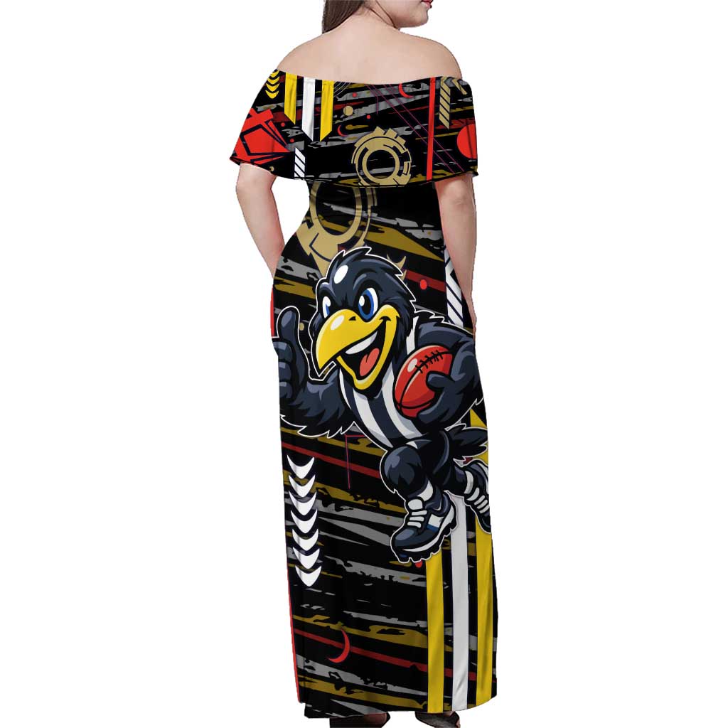 Collingwood Football Club Family Matching Off Shoulder Maxi Dress and Hawaiian Shirt Mascot Cartoon Football Illustration Style