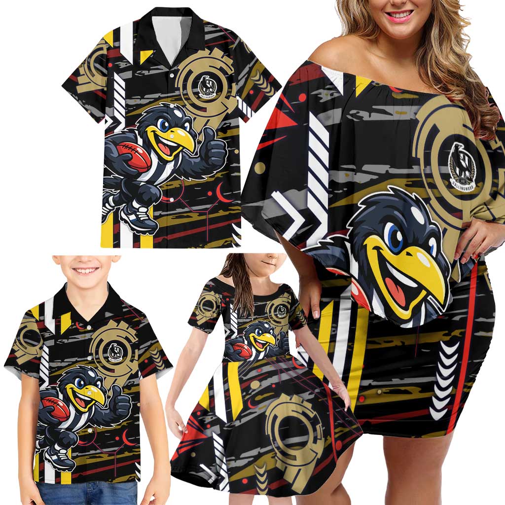 Collingwood Football Club Family Matching Off Shoulder Short Dress and Hawaiian Shirt Mascot Cartoon Football Illustration Style