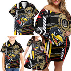 Collingwood Football Club Family Matching Off Shoulder Short Dress and Hawaiian Shirt Mascot Cartoon Football Illustration Style