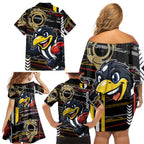 Collingwood Football Club Family Matching Off Shoulder Short Dress and Hawaiian Shirt Mascot Cartoon Football Illustration Style