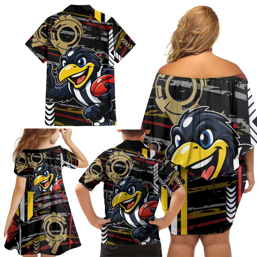 Collingwood Football Club Family Matching Off Shoulder Short Dress and Hawaiian Shirt Mascot Cartoon Football Illustration Style