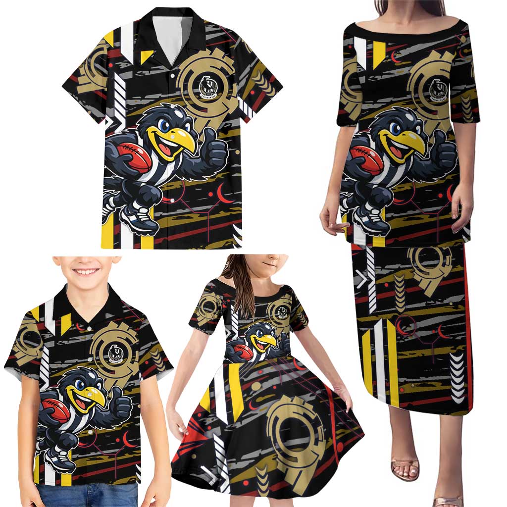 Collingwood Football Club Family Matching Puletasi and Hawaiian Shirt Mascot Cartoon Football Illustration Style