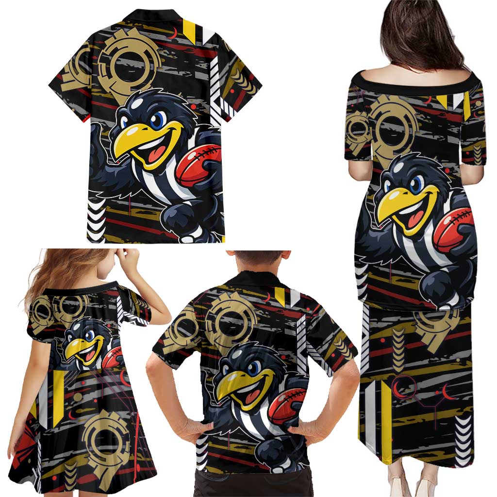 Collingwood Football Club Family Matching Puletasi and Hawaiian Shirt Mascot Cartoon Football Illustration Style
