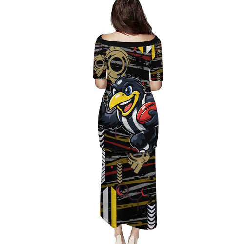 Collingwood Football Club Family Matching Puletasi and Hawaiian Shirt Mascot Cartoon Football Illustration Style