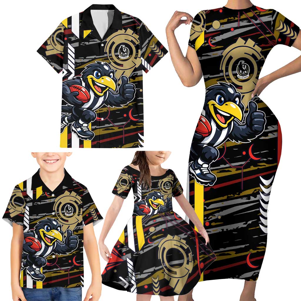 Collingwood Football Club Family Matching Short Sleeve Bodycon Dress and Hawaiian Shirt Mascot Cartoon Football Illustration Style
