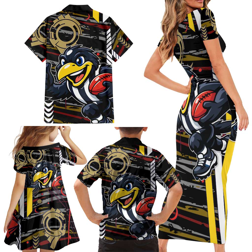 Collingwood Football Club Family Matching Short Sleeve Bodycon Dress and Hawaiian Shirt Mascot Cartoon Football Illustration Style