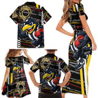 Collingwood Football Club Family Matching Short Sleeve Bodycon Dress and Hawaiian Shirt Mascot Cartoon Football Illustration Style