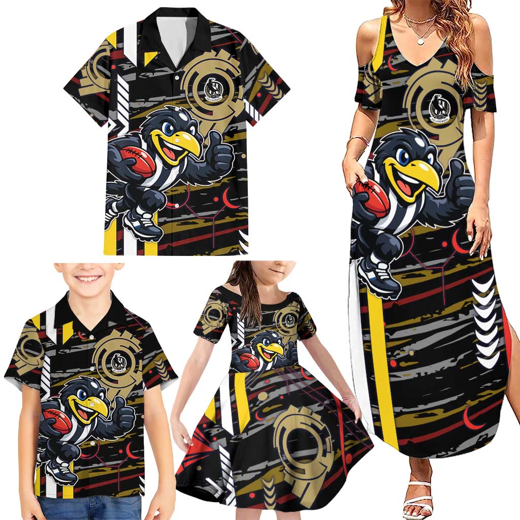Collingwood Football Club Family Matching Summer Maxi Dress and Hawaiian Shirt Mascot Cartoon Football Illustration Style