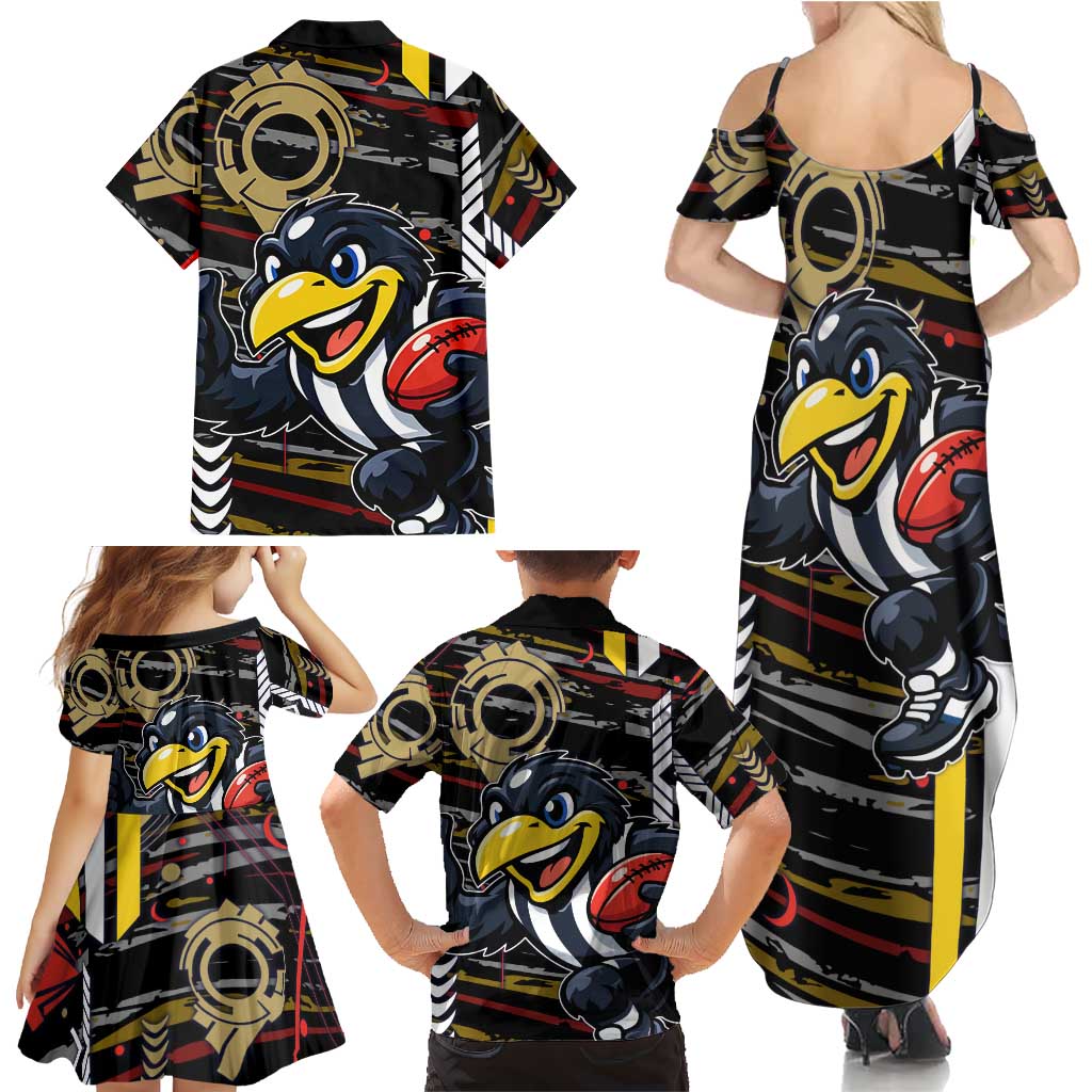 Collingwood Football Club Family Matching Summer Maxi Dress and Hawaiian Shirt Mascot Cartoon Football Illustration Style
