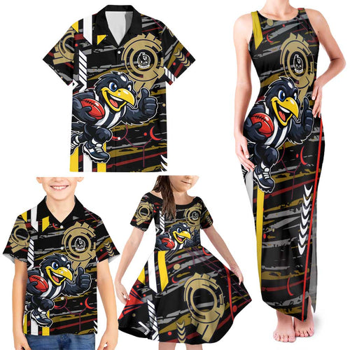 Collingwood Football Club Family Matching Tank Maxi Dress and Hawaiian Shirt Mascot Cartoon Football Illustration Style