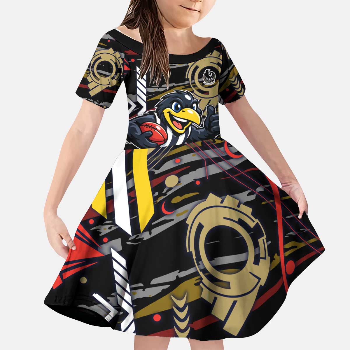 Collingwood Football Club Kid Short Sleeve Dress Mascot Cartoon Football Illustration Style