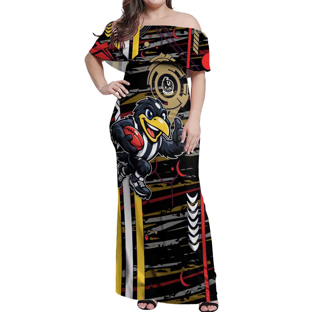 Collingwood Football Club Off Shoulder Maxi Dress Mascot Cartoon Football Illustration Style