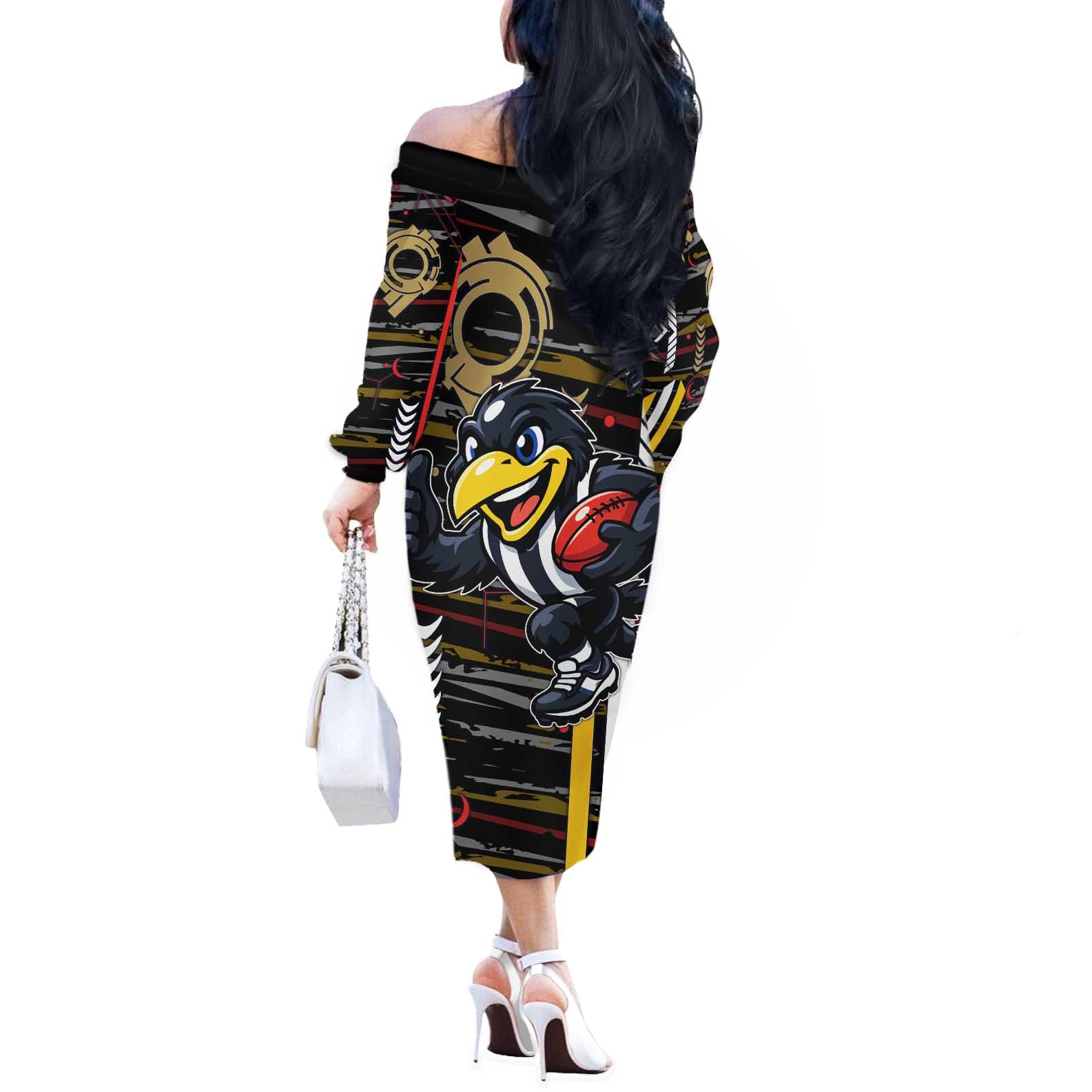Collingwood Football Club Off The Shoulder Long Sleeve Dress Mascot Cartoon Football Illustration Style