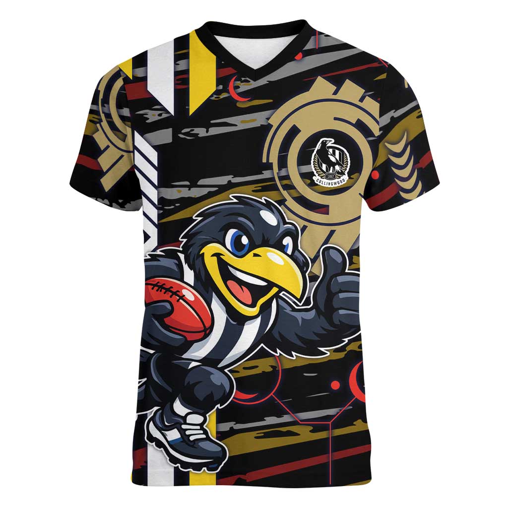 Collingwood Football Club Women V-Neck T-Shirt Mascot Cartoon Football Illustration Style