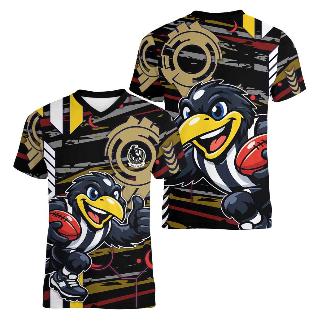 Collingwood Football Club Women V-Neck T-Shirt Mascot Cartoon Football Illustration Style