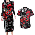 Essendon Football Club Couples Matching Long Sleeve Bodycon Dress and Hawaiian Shirt Mascot Cartoon Football Illustration Style