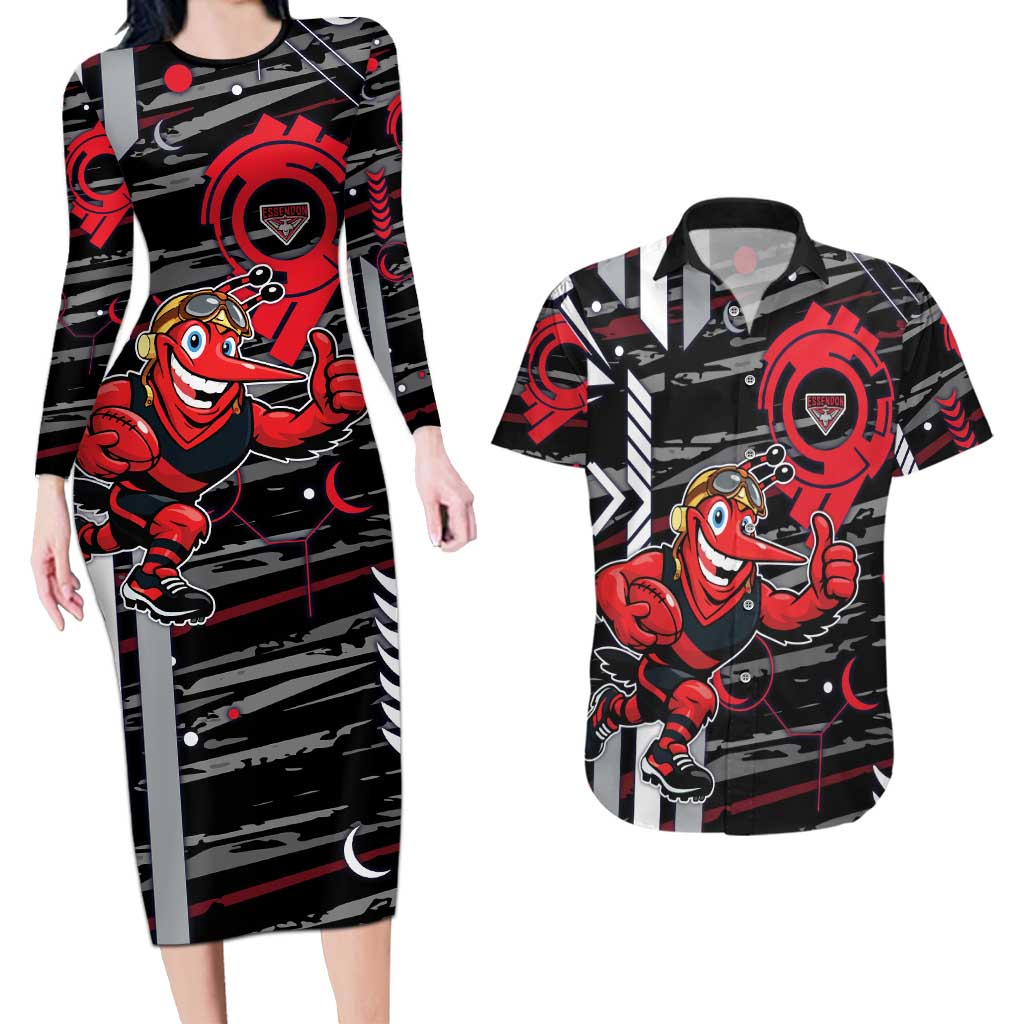 Essendon Football Club Couples Matching Long Sleeve Bodycon Dress and Hawaiian Shirt Mascot Cartoon Football Illustration Style