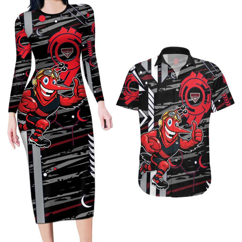 Essendon Football Club Couples Matching Long Sleeve Bodycon Dress and Hawaiian Shirt Mascot Cartoon Football Illustration Style