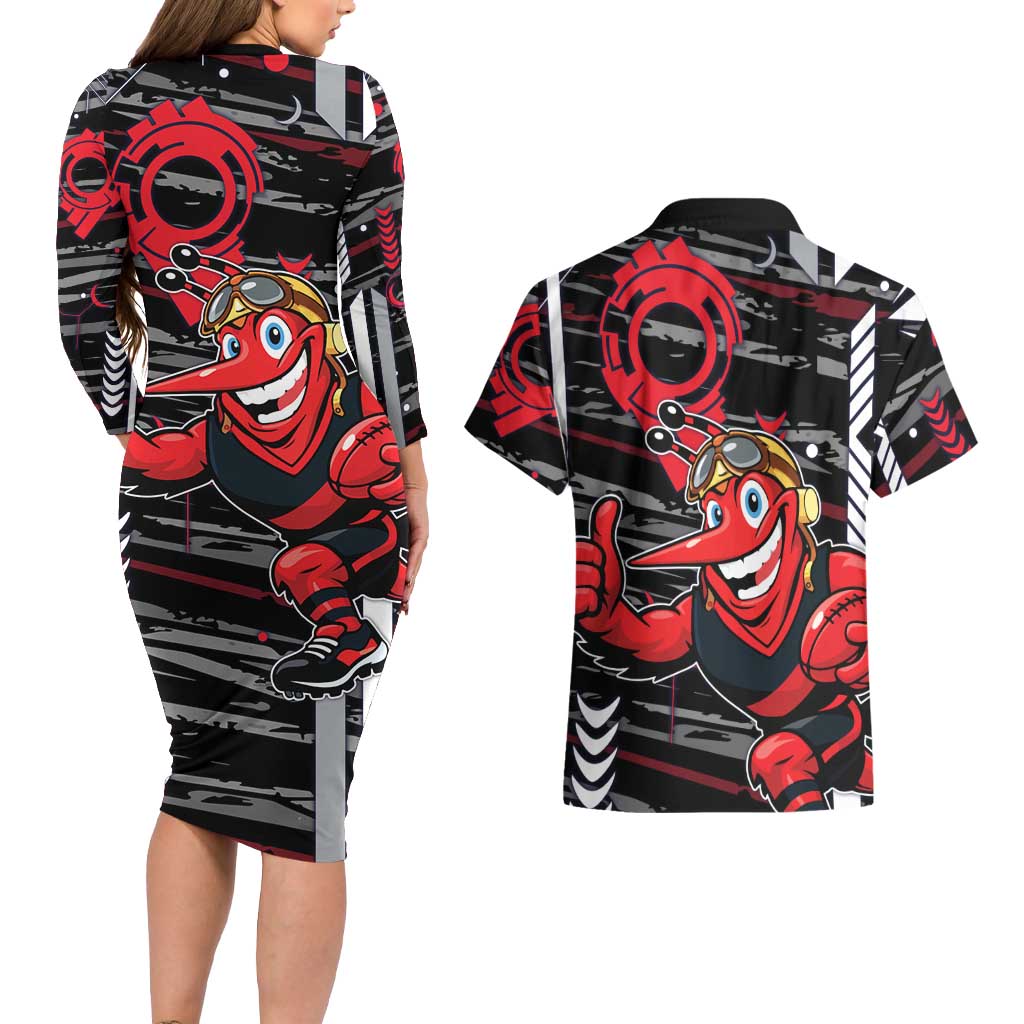 Essendon Football Club Couples Matching Long Sleeve Bodycon Dress and Hawaiian Shirt Mascot Cartoon Football Illustration Style