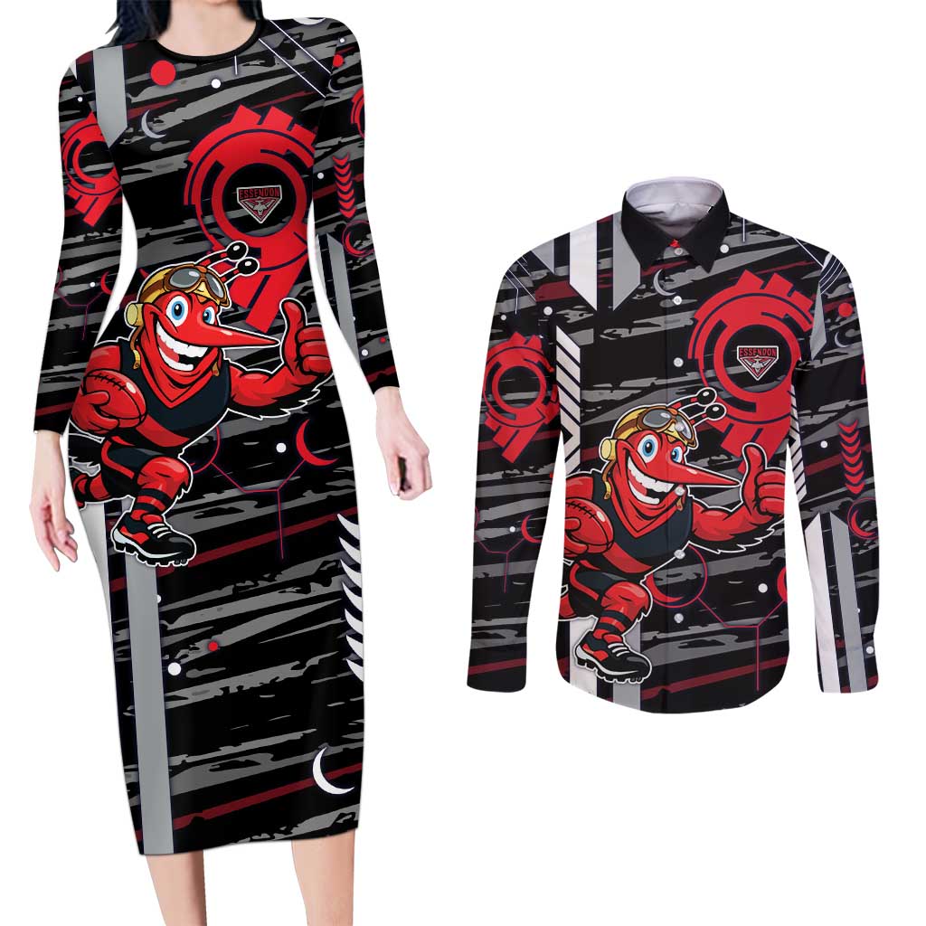 Essendon Football Club Couples Matching Long Sleeve Bodycon Dress and Long Sleeve Button Shirt Mascot Cartoon Football Illustration Style