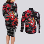 Essendon Football Club Couples Matching Long Sleeve Bodycon Dress and Long Sleeve Button Shirt Mascot Cartoon Football Illustration Style