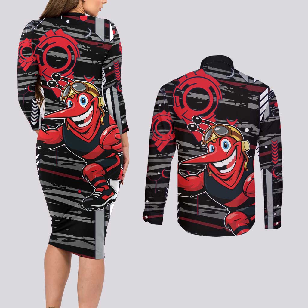 Essendon Football Club Couples Matching Long Sleeve Bodycon Dress and Long Sleeve Button Shirt Mascot Cartoon Football Illustration Style