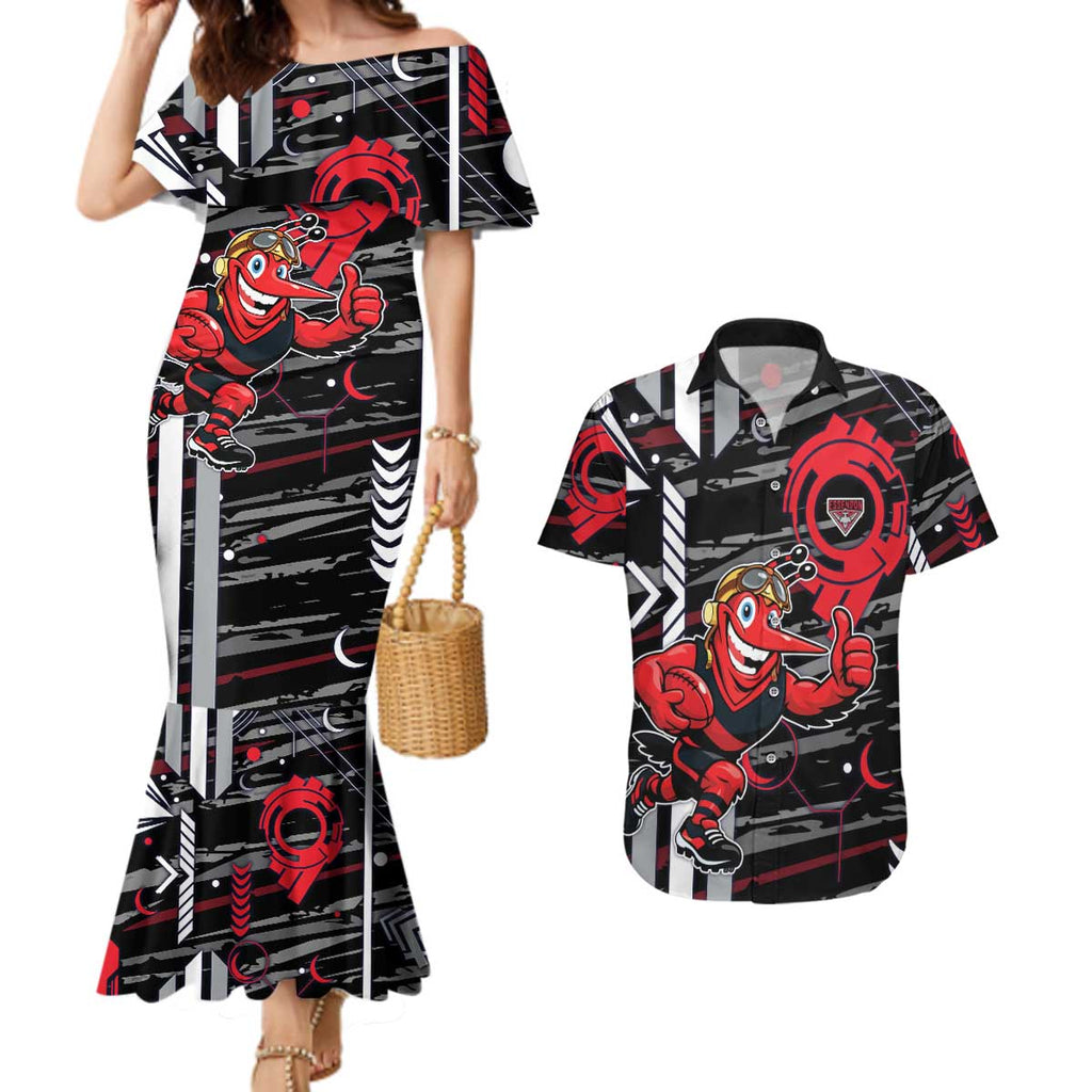 Essendon Football Club Couples Matching Mermaid Dress and Hawaiian Shirt Mascot Cartoon Football Illustration Style
