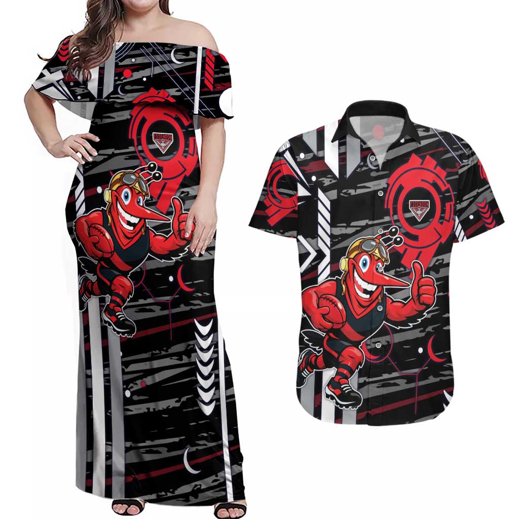 Essendon Football Club Couples Matching Off Shoulder Maxi Dress and Hawaiian Shirt Mascot Cartoon Football Illustration Style