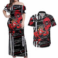 Essendon Football Club Couples Matching Off Shoulder Maxi Dress and Hawaiian Shirt Mascot Cartoon Football Illustration Style