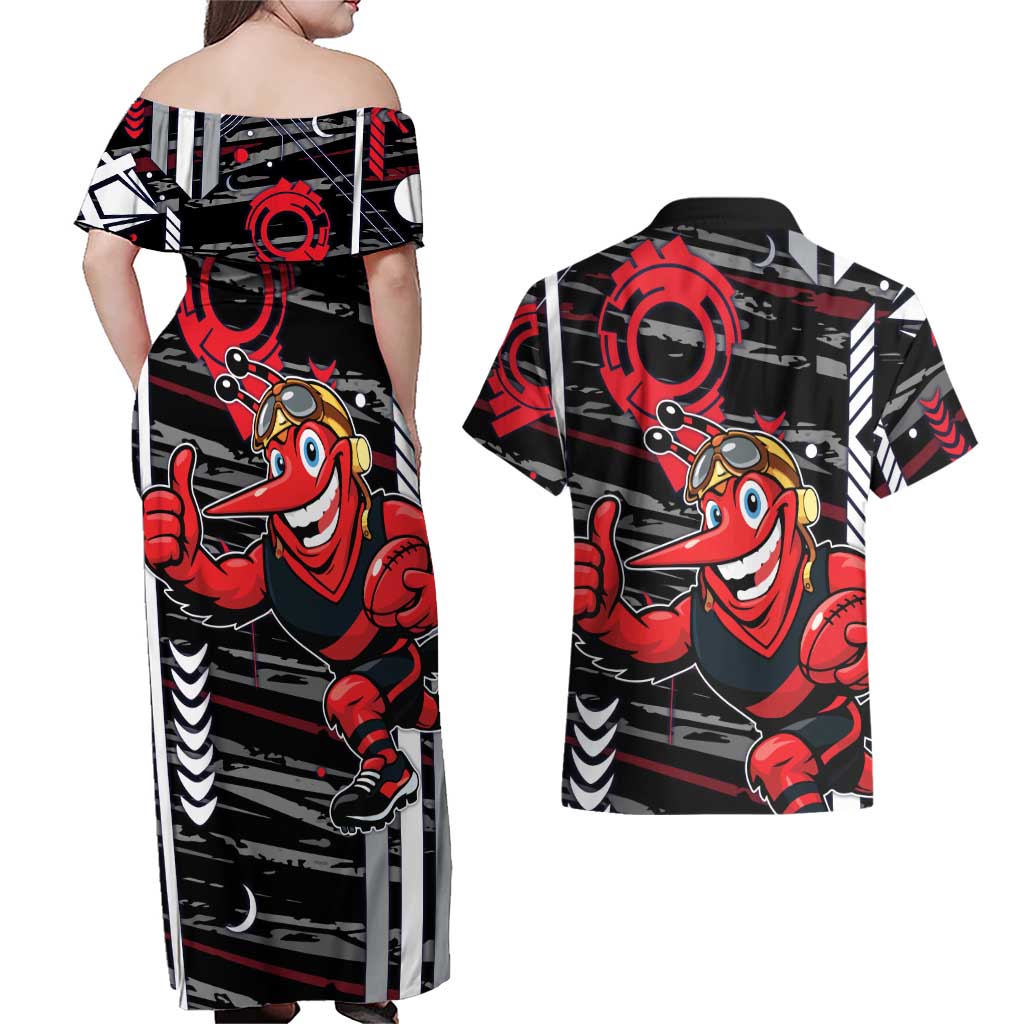 Essendon Football Club Couples Matching Off Shoulder Maxi Dress and Hawaiian Shirt Mascot Cartoon Football Illustration Style