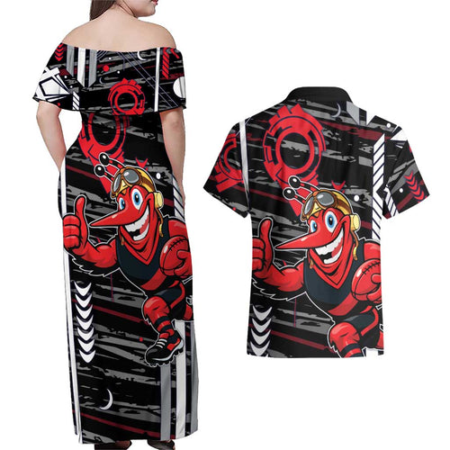 Essendon Football Club Couples Matching Off Shoulder Maxi Dress and Hawaiian Shirt Mascot Cartoon Football Illustration Style