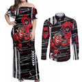 Essendon Football Club Couples Matching Off Shoulder Maxi Dress and Long Sleeve Button Shirt Mascot Cartoon Football Illustration Style