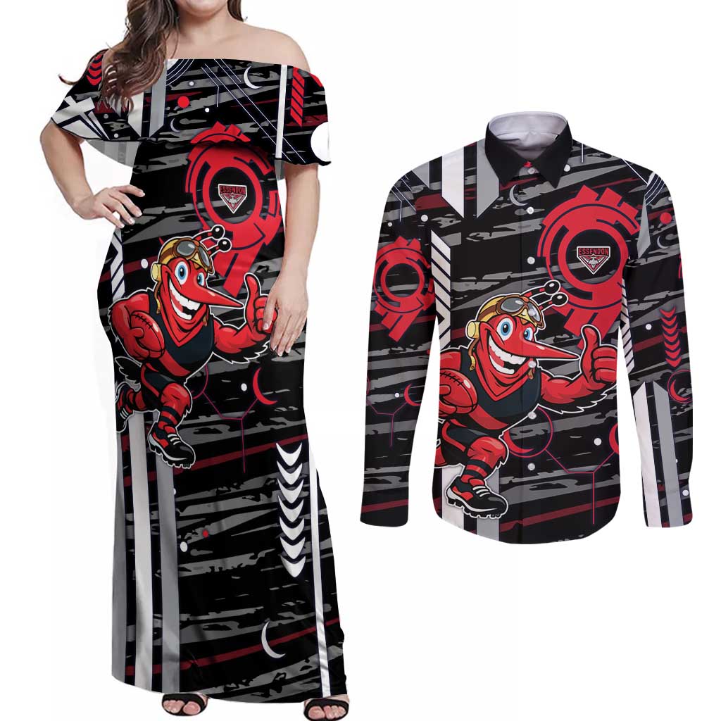 Essendon Football Club Couples Matching Off Shoulder Maxi Dress and Long Sleeve Button Shirt Mascot Cartoon Football Illustration Style